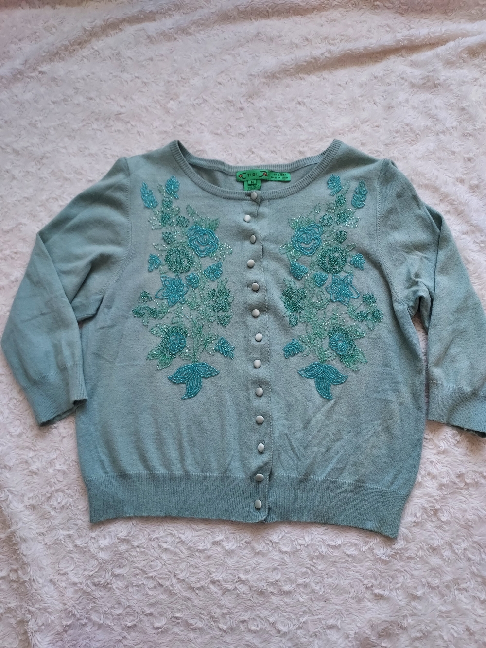 Tibi Mint Green Floral Beaded Floral 3/4 Sleeve Cardigan Pin-up 50's Vibe